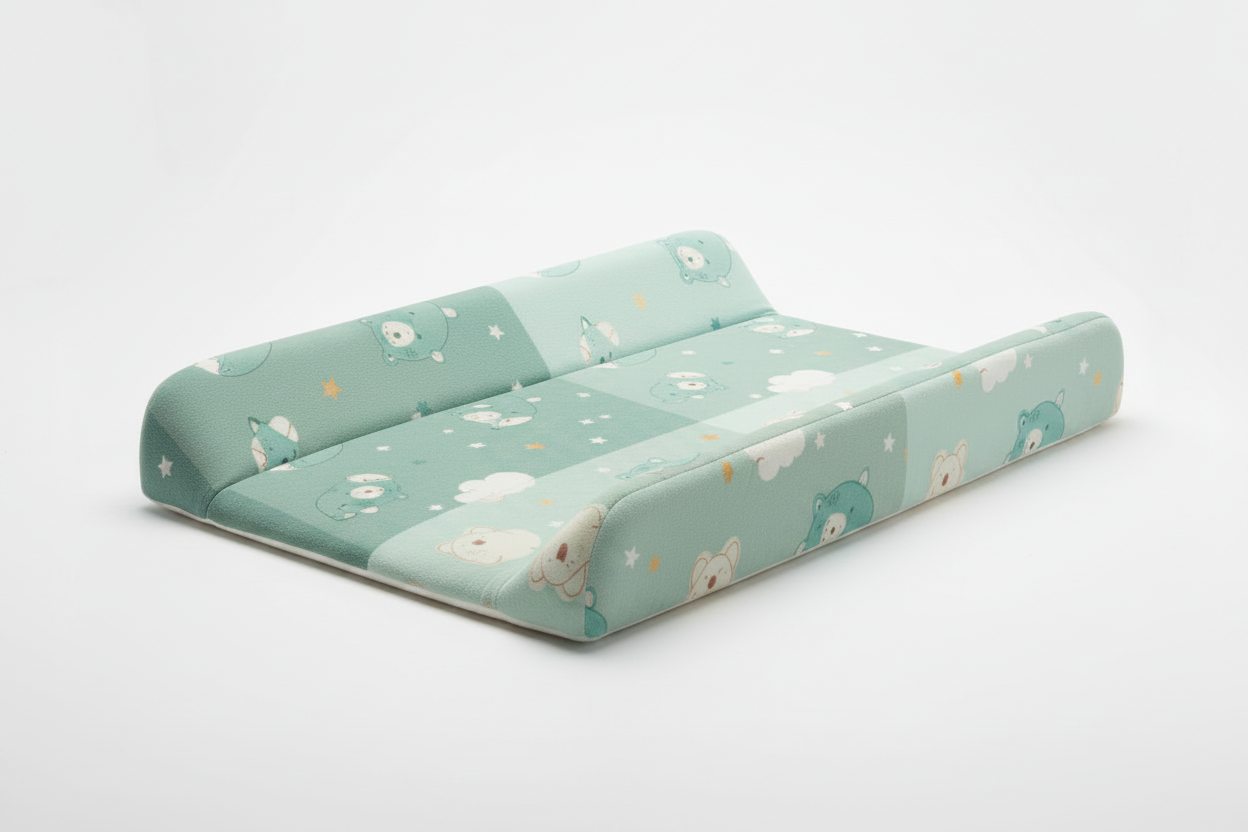 Soft padded wipe-clean baby changing mat in teal, blue and cream