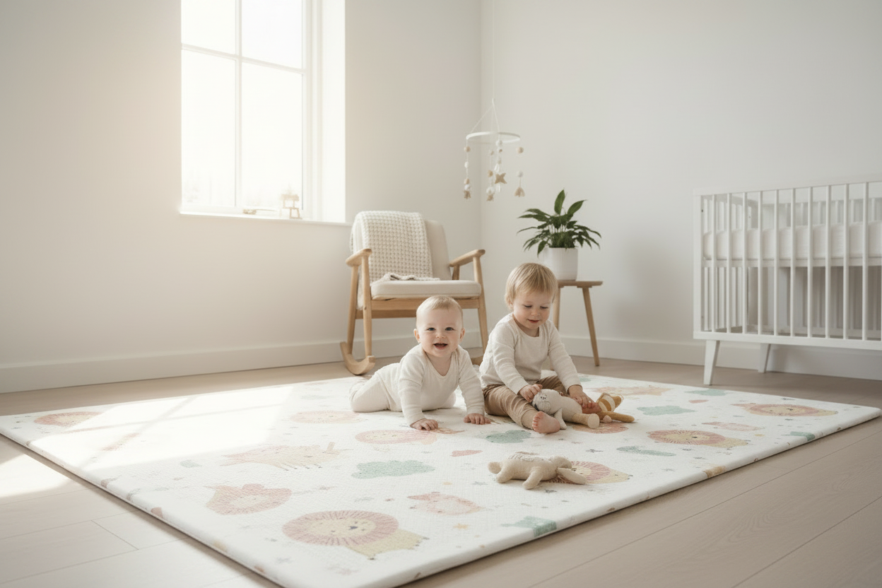 Baby and toddler playing on a large wipe-clean pastel play mat on a nursery floor
