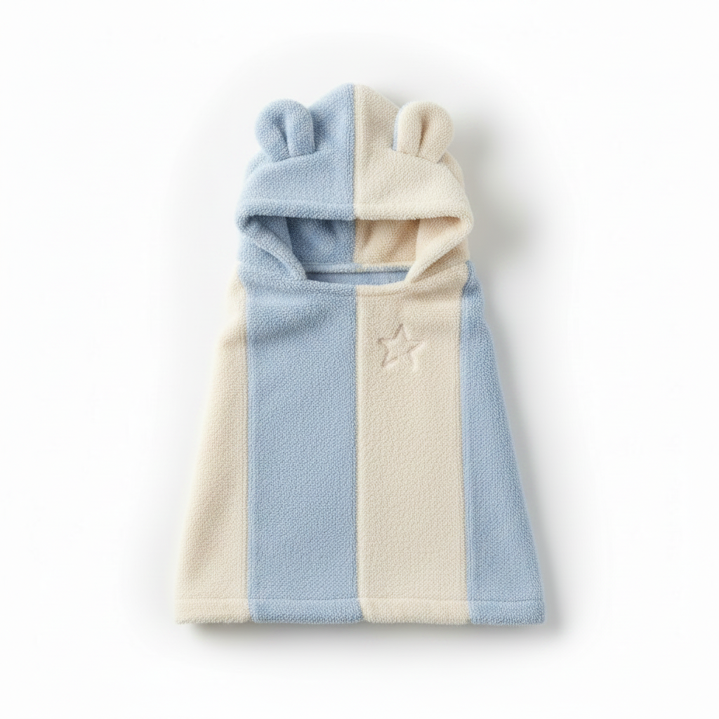 Baby hooded bath towel in blue and cream vertical stripes with bear ear hood