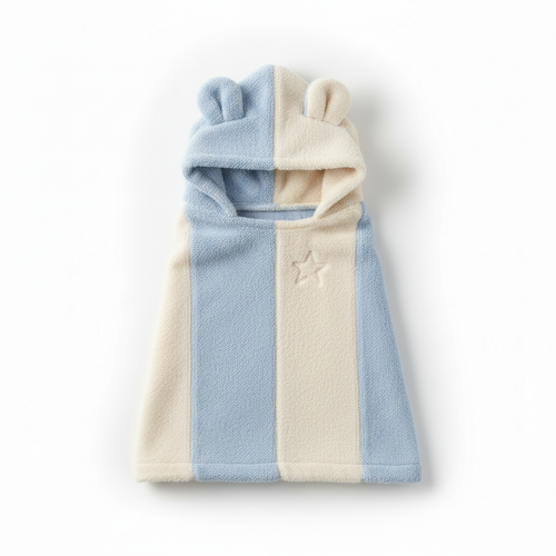 Baby hooded bath towel in blue and cream vertical stripes with bear ear hood