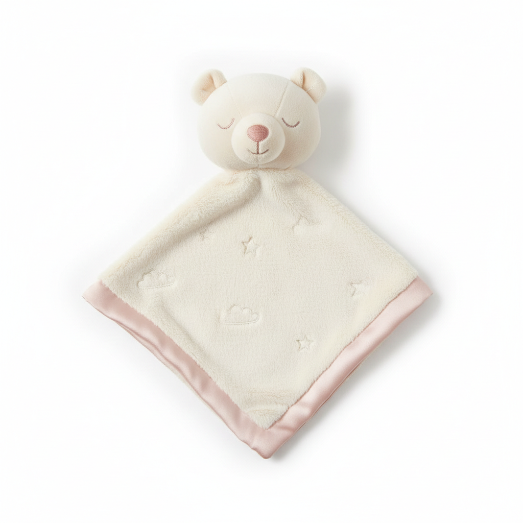Soft baby comforter with plush bunny head and satin-edged blanket in blush pink and cream
