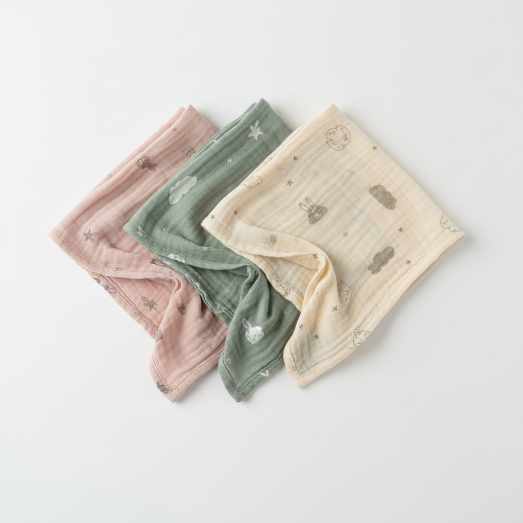 Set of three soft pastel baby muslin squares in blush pink, sage green and cream