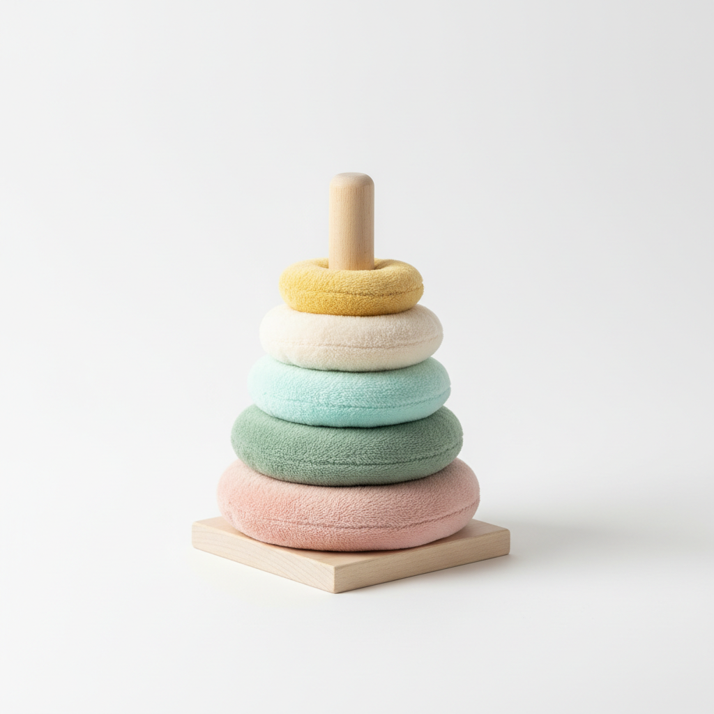Soft pastel baby stacking rings in blush pink, sage green, mint, cream and yellow on a natural wooden post