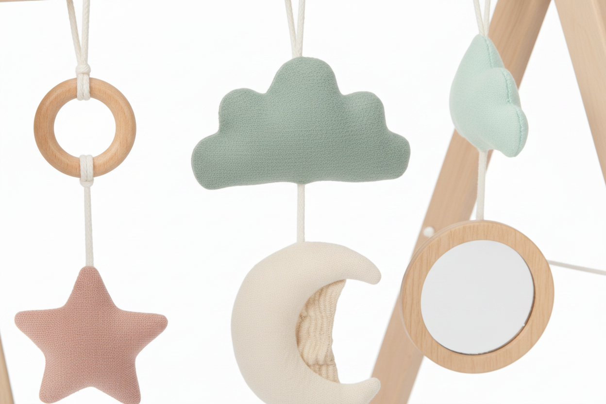 Close up of soft pastel hanging baby toys — star, cloud, moon, wooden ring and mirror