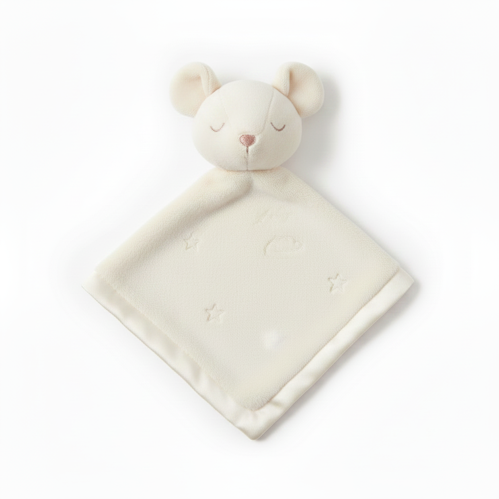 Soft baby comforter with plush cream mouse head and cream blanket