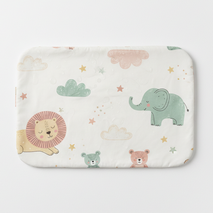 Wipe-clean baby play mat in soft pastel tones with illustrated animals and stars
