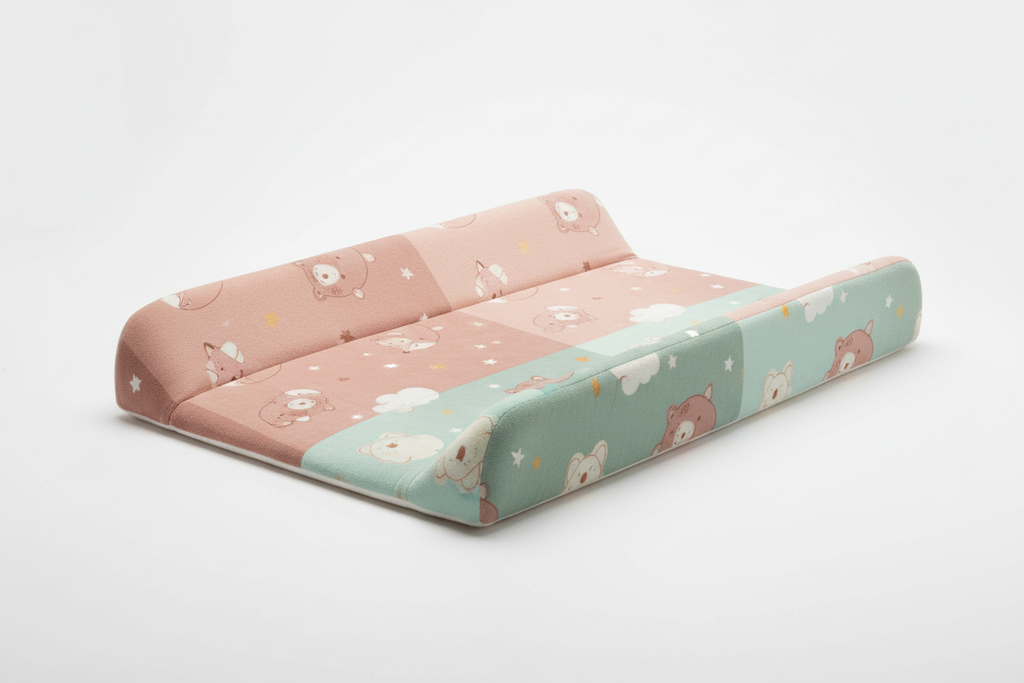Soft padded wipe-clean baby changing mat in pastel blush pink, sage green, mint and cream
