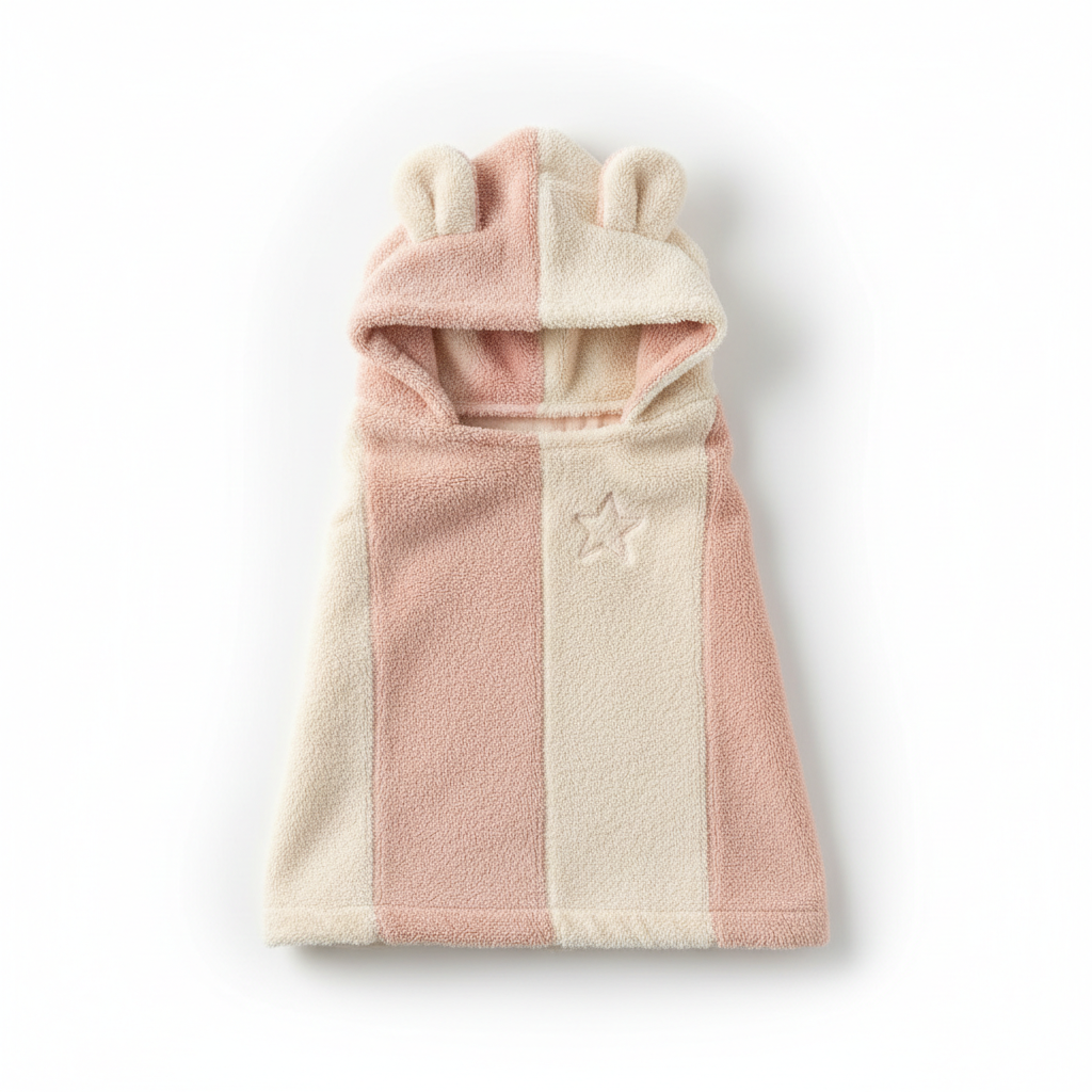 Soft fluffy baby hooded bath towel in blush pink and cream with animal ear hood