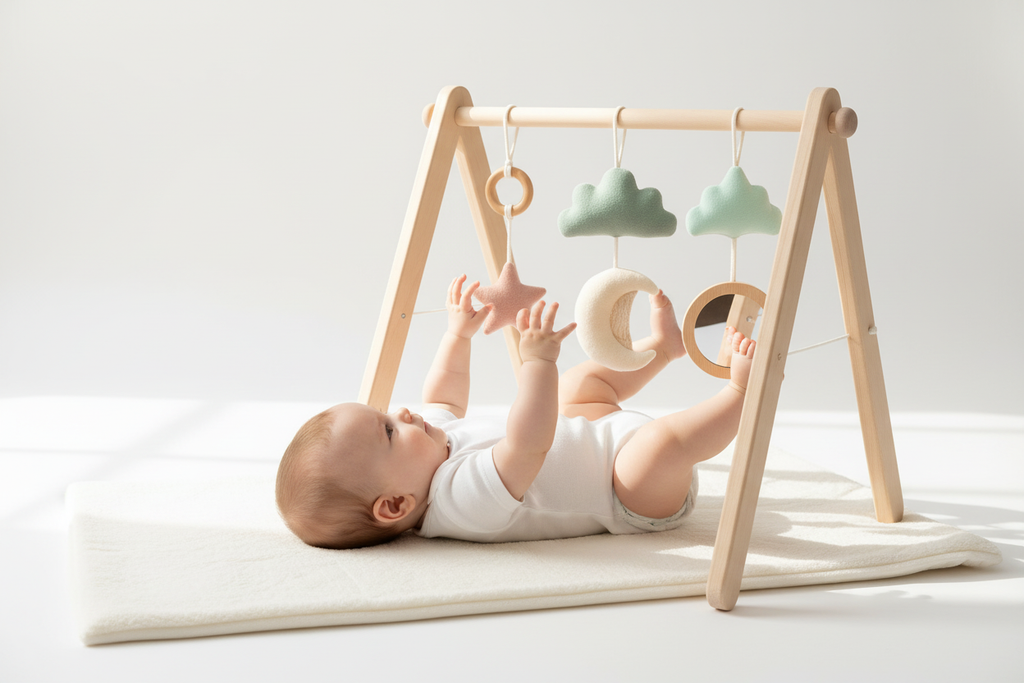 Baby lying on their back reaching up at pastel hanging toys on a wooden baby activity gym