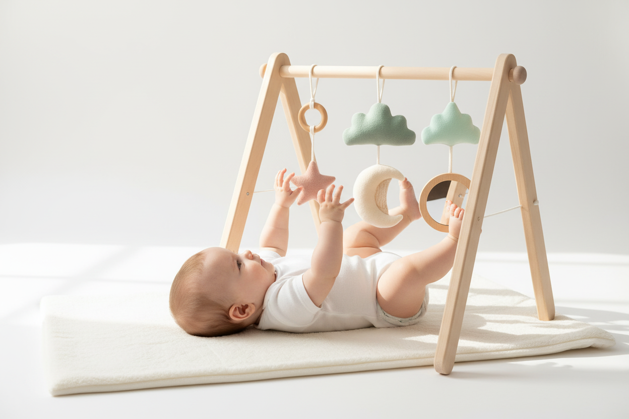Baby lying on their back reaching up at pastel hanging toys on a wooden baby activity gym