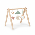 Wooden baby activity gym with soft pastel hanging toys in blush pink, sage green and cream