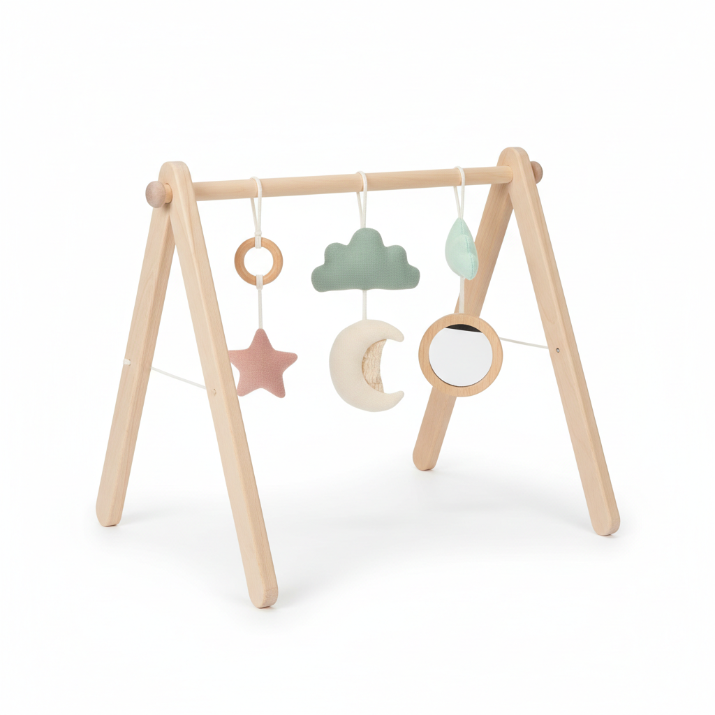 Wooden baby activity gym with soft pastel hanging toys in blush pink, sage green and cream