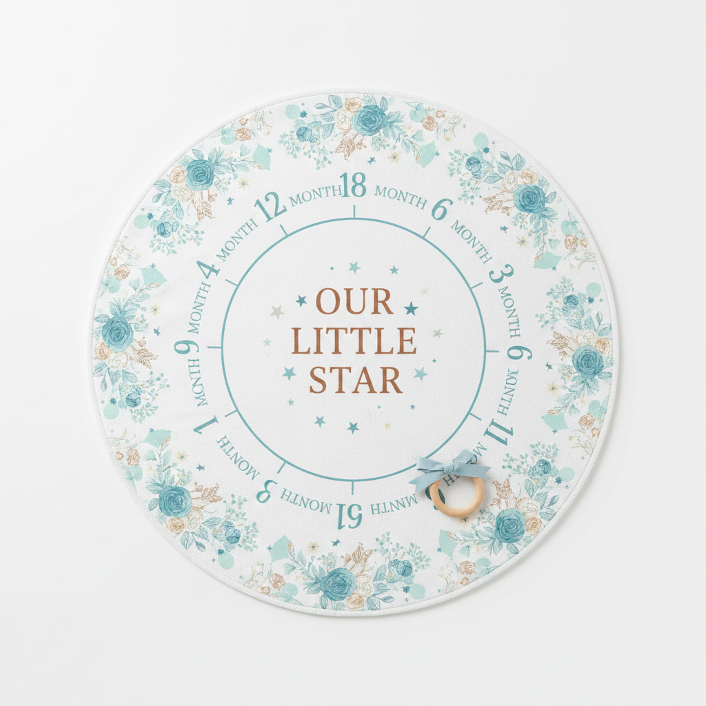 Soft blue and teal baby milestone blanket with month markers 1-12