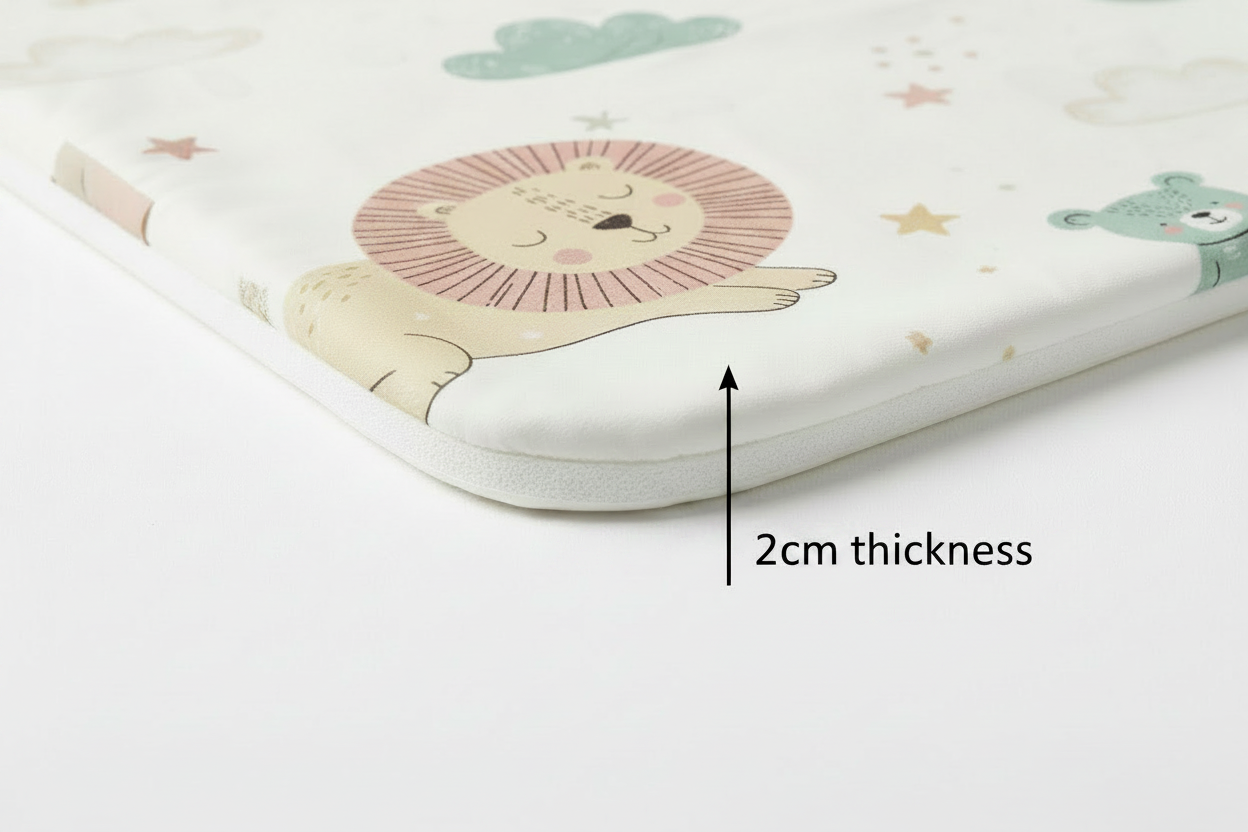 Side profile of wipe-clean baby play mat with 2cm thickness arrow label