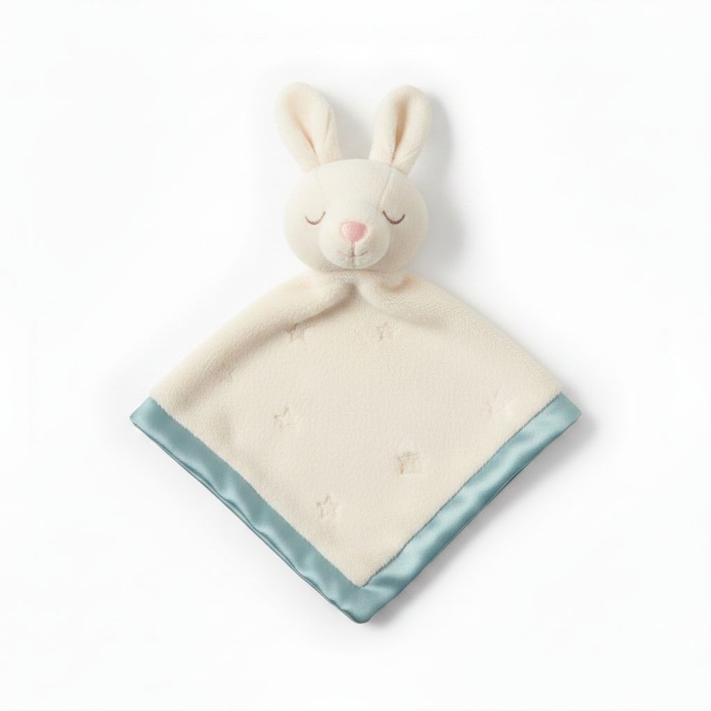 Soft baby comforter with plush bunny head, cream blanket and blue satin edge