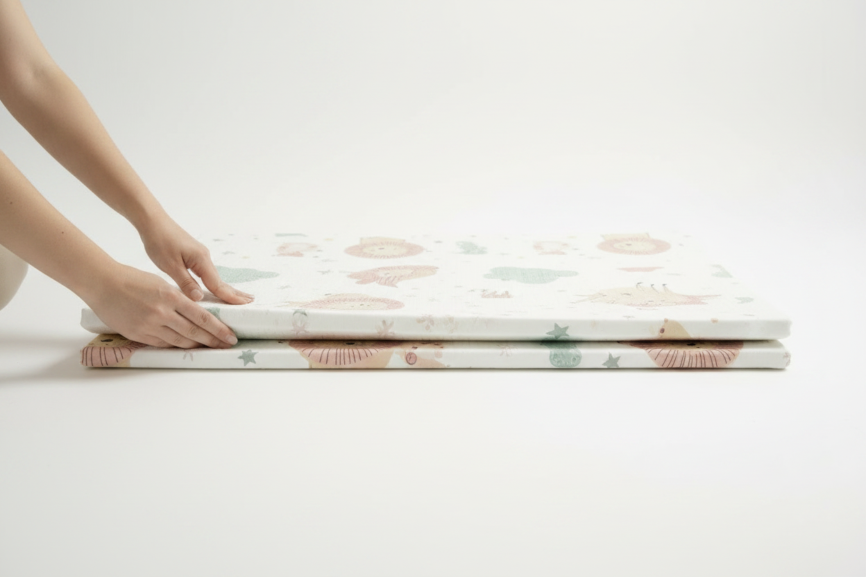 Wipe-clean baby play mat folded neatly showing how compact and portable it is